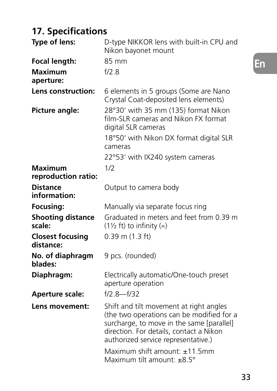 Specifications | Nikon PC-E Micro NIKKOR 85mm f-2.8D User Manual | Page 33 / 251