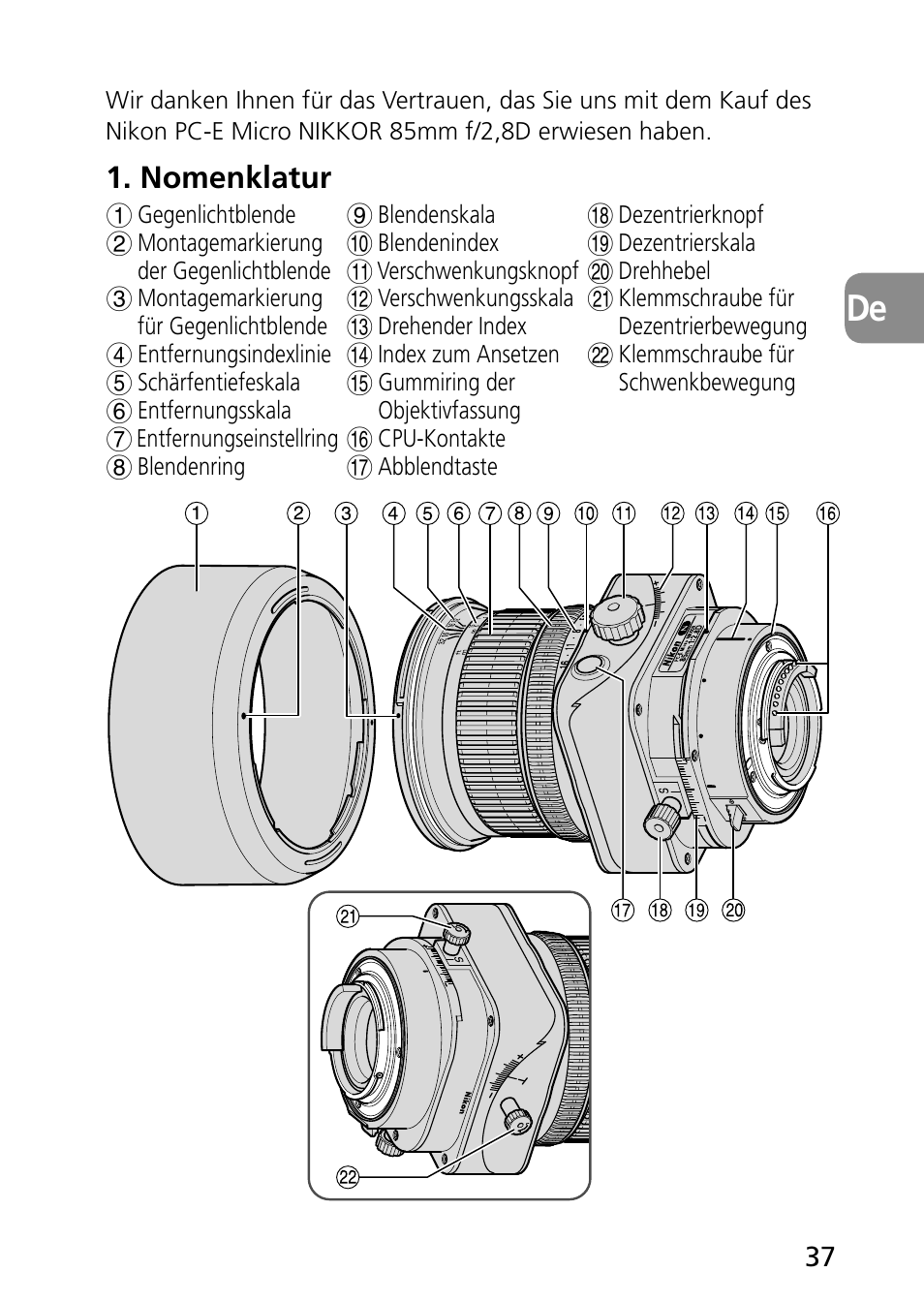 Nomenklatur | Nikon PC-E Micro NIKKOR 85mm f-2.8D User Manual | Page 37 / 251