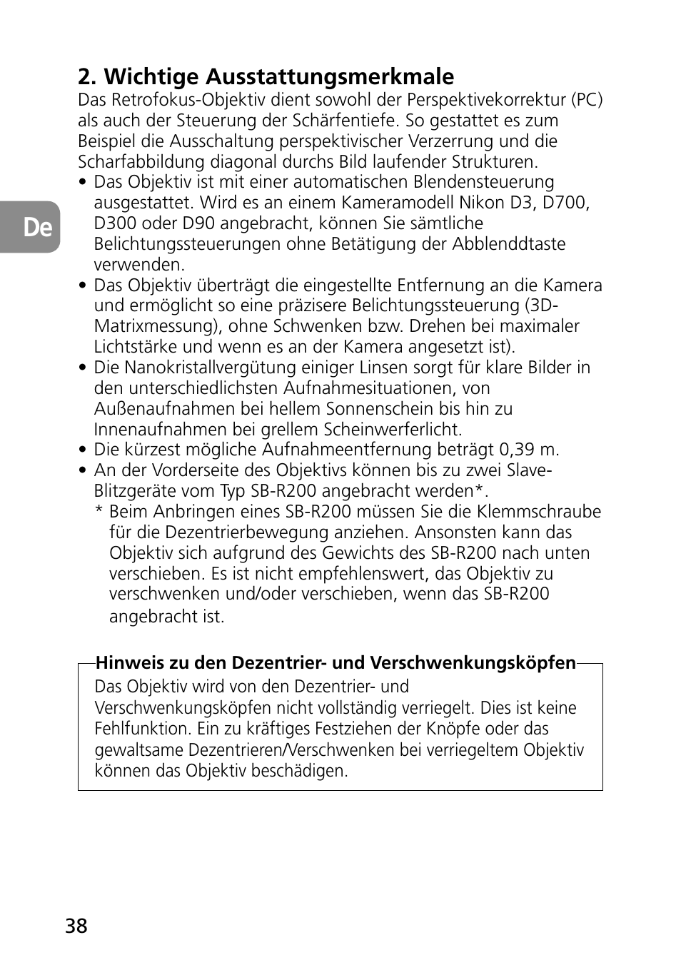 Wichtige ausstattungsmerkmale | Nikon PC-E Micro NIKKOR 85mm f-2.8D User Manual | Page 38 / 251