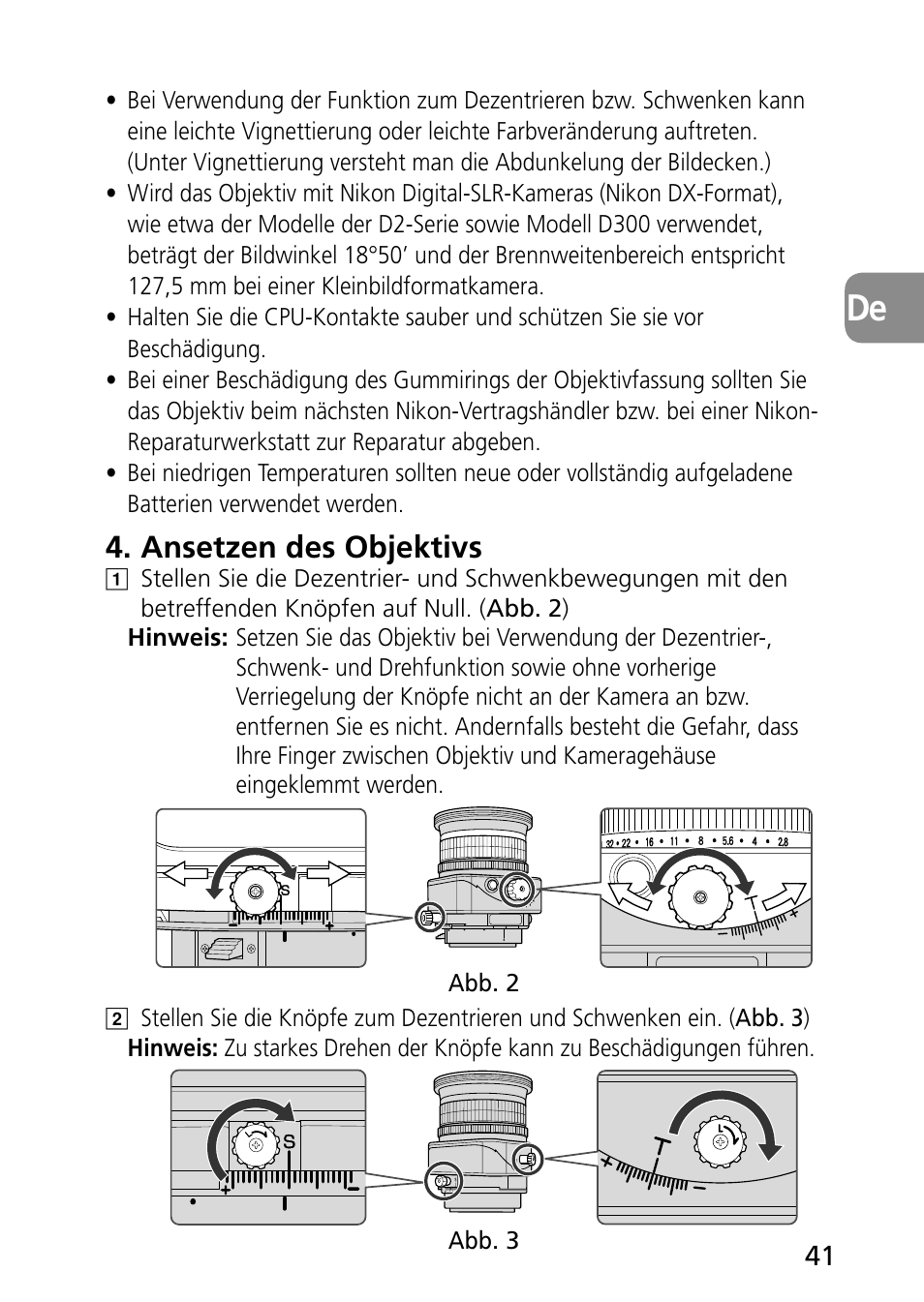 Ansetzen des objektivs | Nikon PC-E Micro NIKKOR 85mm f-2.8D User Manual | Page 41 / 251