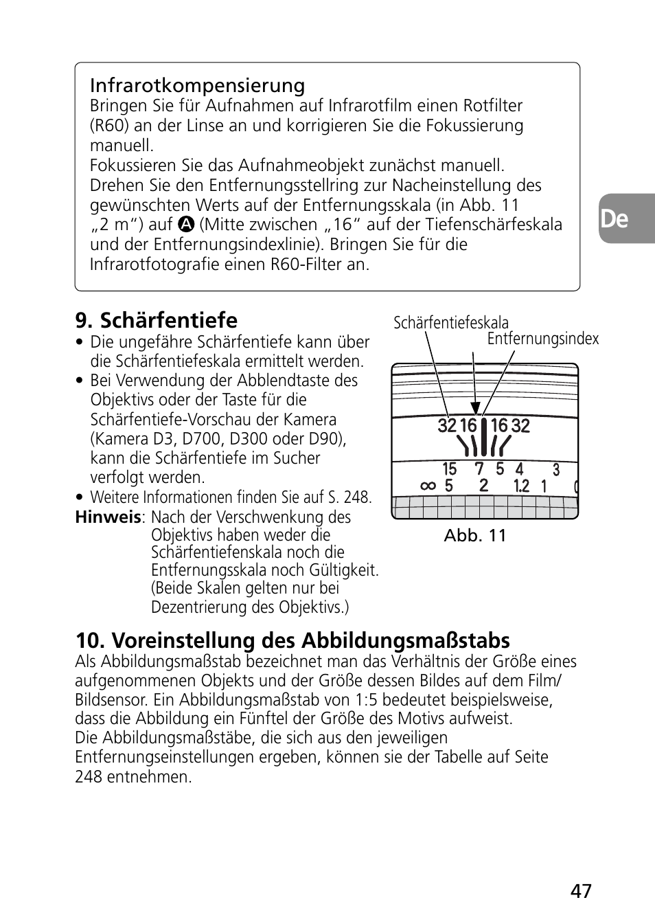 Schärfentiefe, Voreinstellung des abbildungsmaßstabs | Nikon PC-E Micro NIKKOR 85mm f-2.8D User Manual | Page 47 / 251