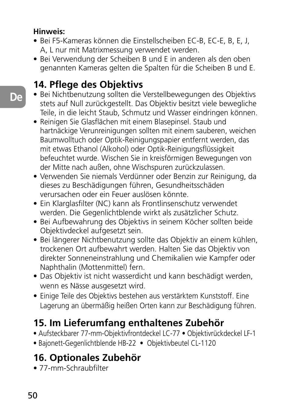 Pflege des objektivs, Im lieferumfang enthaltenes zubehör, Optionales zubehör | Nikon PC-E Micro NIKKOR 85mm f-2.8D User Manual | Page 50 / 251