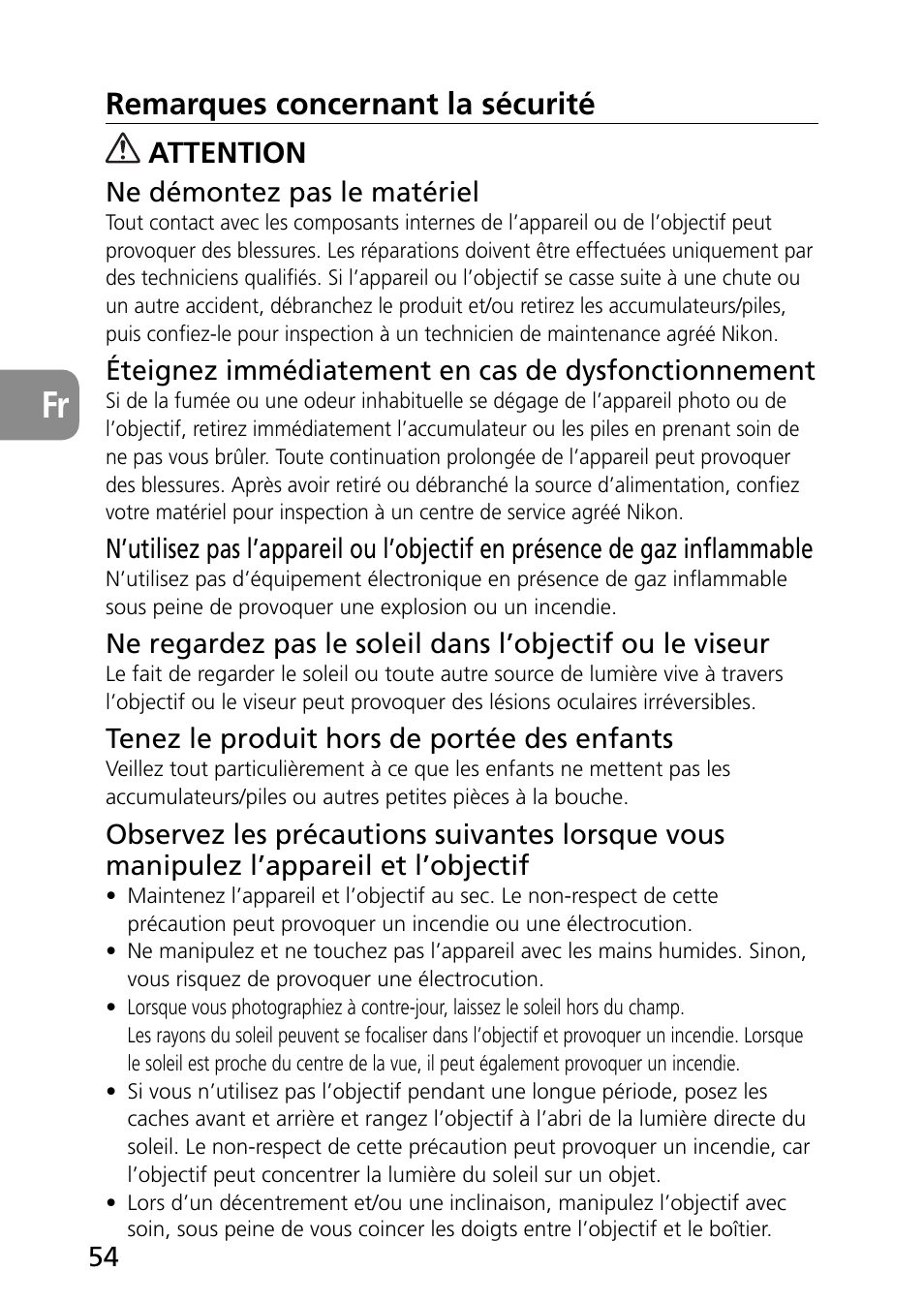 Remarques concernant la sécurité, Attention | Nikon PC-E Micro NIKKOR 85mm f-2.8D User Manual | Page 54 / 251