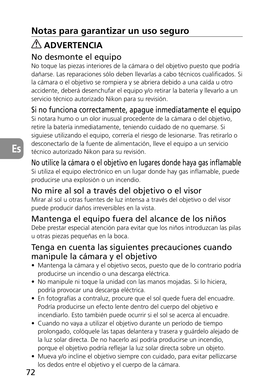 Notas para garantizar un uso seguro, Advertencia | Nikon PC-E Micro NIKKOR 85mm f-2.8D User Manual | Page 72 / 251