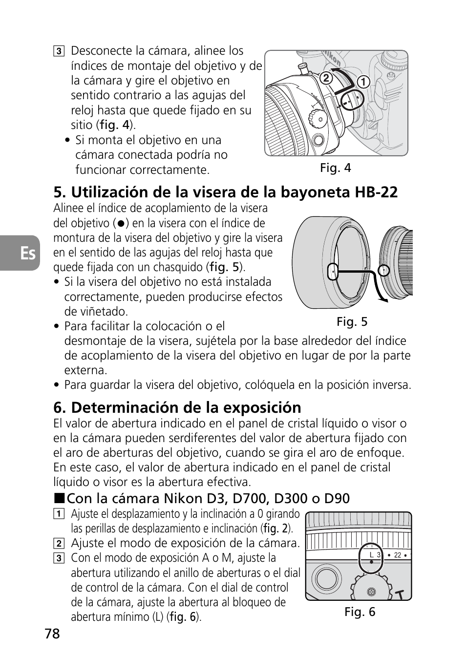 Utilización de la visera de la bayoneta hb-22, Determinación de la exposición | Nikon PC-E Micro NIKKOR 85mm f-2.8D User Manual | Page 78 / 251