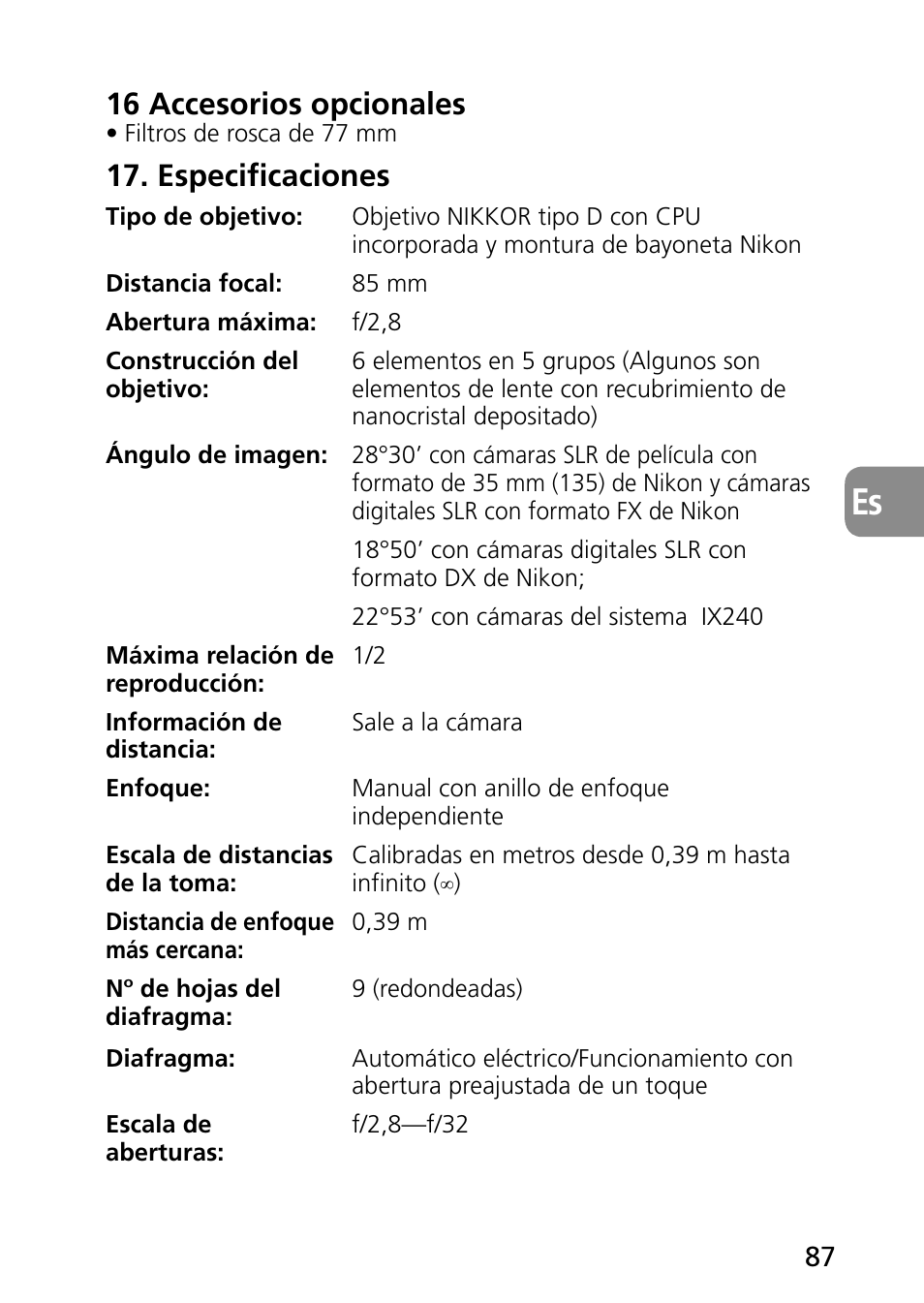 16 accesorios opcionales, Especificaciones | Nikon PC-E Micro NIKKOR 85mm f-2.8D User Manual | Page 87 / 251