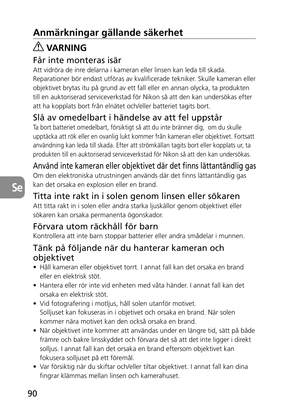 Anmärkningar gällande säkerhet, Varning | Nikon PC-E Micro NIKKOR 85mm f-2.8D User Manual | Page 90 / 251