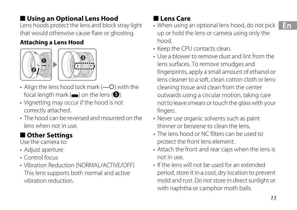 Using an optional lens hood, Attaching a lens hood, Other settings | Lens care | Nikon 1NIKKOR VR 10-30mm f-3.5-5.6 User Manual | Page 11 / 108