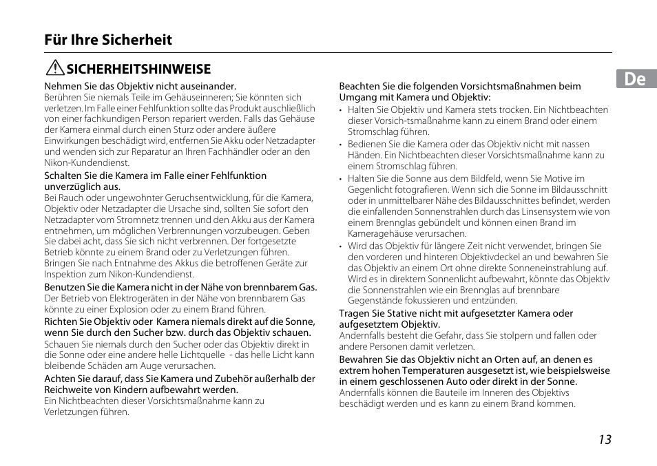 Für ihre sicherheit, Sicherheitshinweise | Nikon 1NIKKOR VR 10-30mm f-3.5-5.6 User Manual | Page 13 / 108