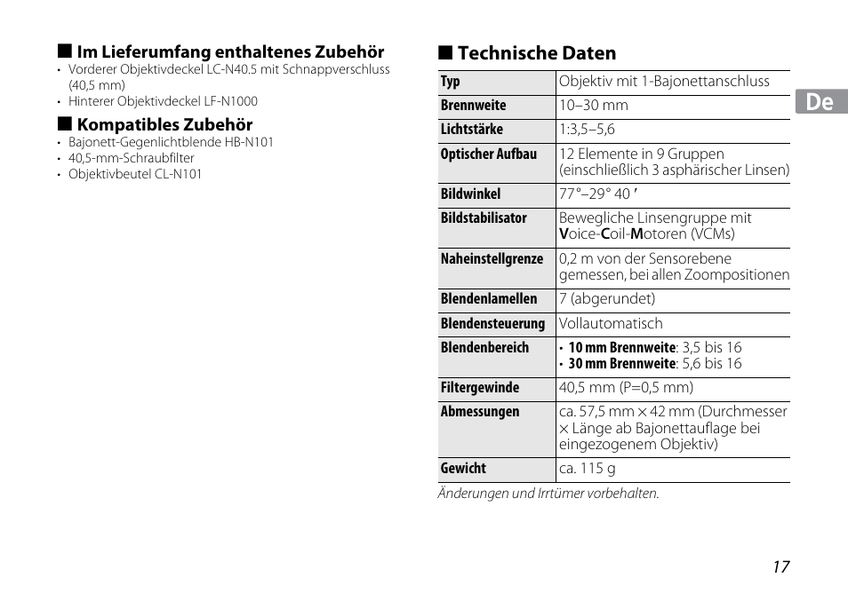 Im lieferumfang enthaltenes zubehör, Kompatibles zubehör, Technische daten | Nikon 1NIKKOR VR 10-30mm f-3.5-5.6 User Manual | Page 17 / 108