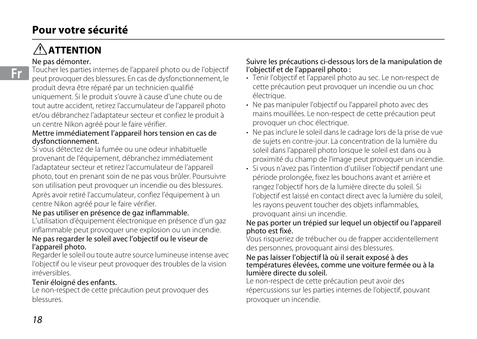 Pour votre sécurité, Attention | Nikon 1NIKKOR VR 10-30mm f-3.5-5.6 User Manual | Page 18 / 108