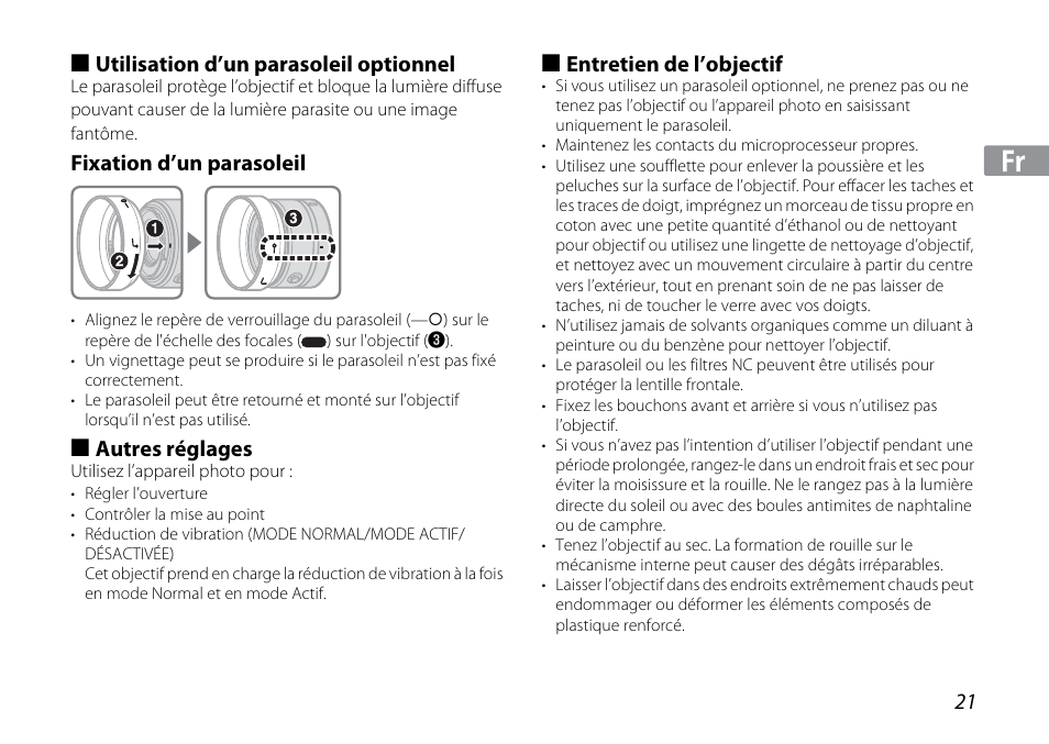 Utilisation d’un parasoleil optionnel, Fixation d’un parasoleil, Autres réglages | Entretien de l’objectif | Nikon 1NIKKOR VR 10-30mm f-3.5-5.6 User Manual | Page 21 / 108