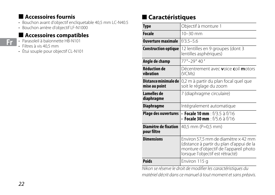 Accessoires fournis, Accessoires compatibles, Caractéristiques | Nikon 1NIKKOR VR 10-30mm f-3.5-5.6 User Manual | Page 22 / 108