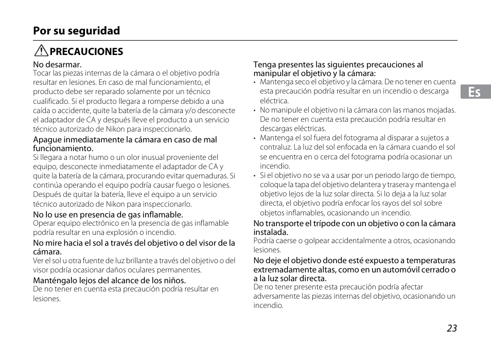 Por su seguridad, Precauciones | Nikon 1NIKKOR VR 10-30mm f-3.5-5.6 User Manual | Page 23 / 108