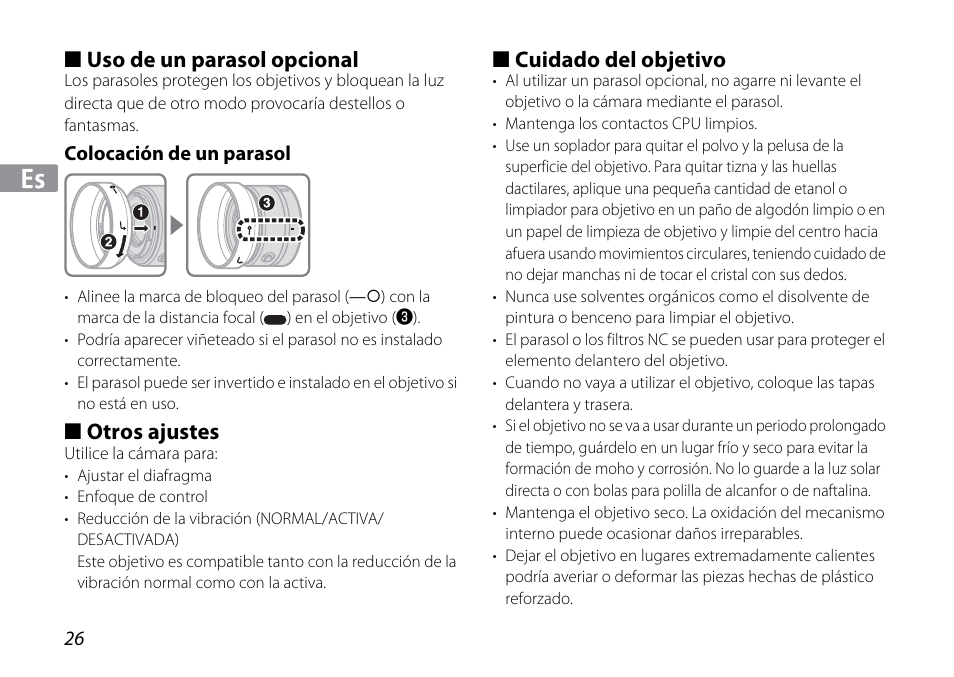 Uso de un parasol opcional, Colocación de un parasol, Otros ajustes | Cuidado del objetivo | Nikon 1NIKKOR VR 10-30mm f-3.5-5.6 User Manual | Page 26 / 108
