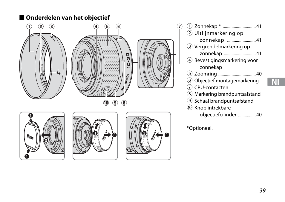 Onderdelen van het objectief | Nikon 1NIKKOR VR 10-30mm f-3.5-5.6 User Manual | Page 39 / 108