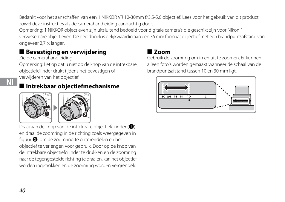 Bevestiging en verwijdering, Intrekbaar objectiefmechanisme, Zoom | Nikon 1NIKKOR VR 10-30mm f-3.5-5.6 User Manual | Page 40 / 108