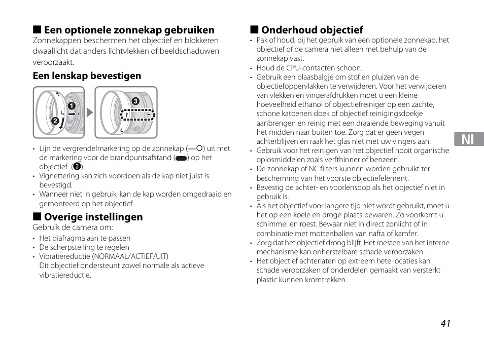 Een optionele zonnekap gebruiken, Een lenskap bevestigen, Overige instellingen | Onderhoud objectief | Nikon 1NIKKOR VR 10-30mm f-3.5-5.6 User Manual | Page 41 / 108