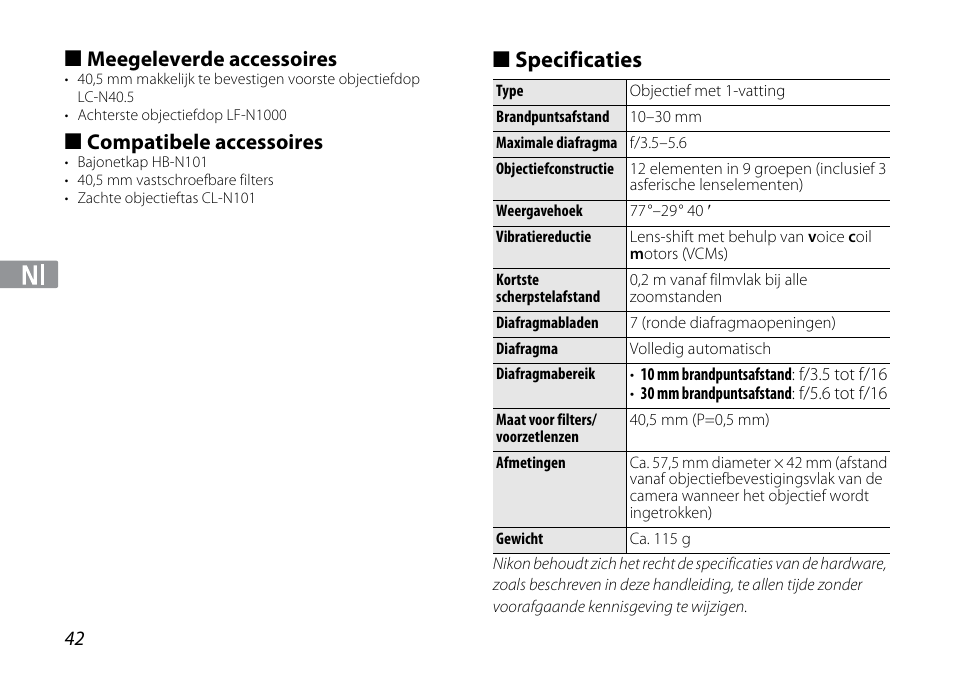 Meegeleverde accessoires, Compatibele accessoires, Specificaties | Nikon 1NIKKOR VR 10-30mm f-3.5-5.6 User Manual | Page 42 / 108