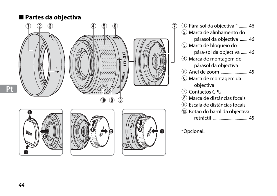 Partes da objectiva | Nikon 1NIKKOR VR 10-30mm f-3.5-5.6 User Manual | Page 44 / 108