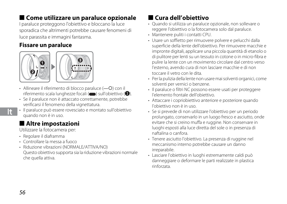 Come utilizzare un paraluce opzionale, Fissare un paraluce, Altre impostazioni | Cura dell’obiettivo | Nikon 1NIKKOR VR 10-30mm f-3.5-5.6 User Manual | Page 56 / 108