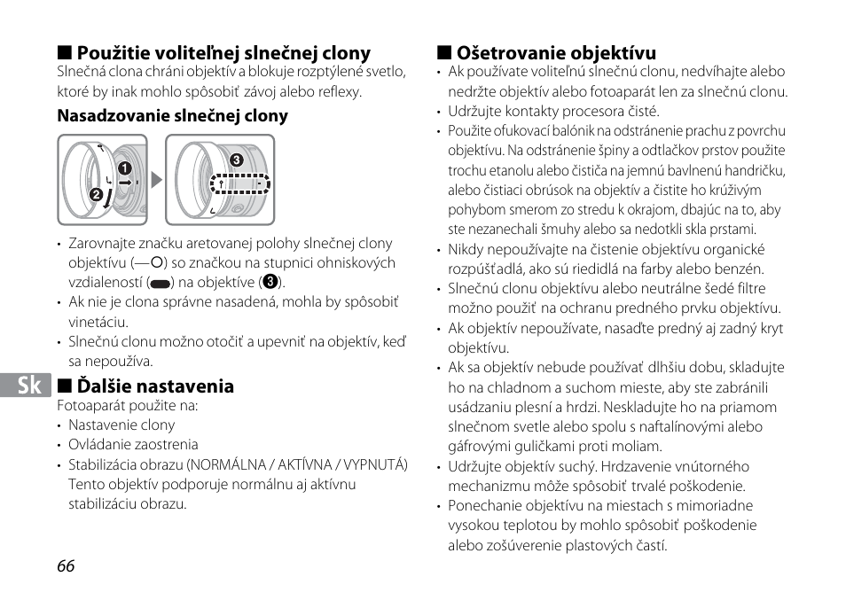 Použitie voliteľnej slnečnej clony, Nasadzovanie slnečnej clony, Ďalšie nastavenia | Ošetrovanie objektívu | Nikon 1NIKKOR VR 10-30mm f-3.5-5.6 User Manual | Page 66 / 108