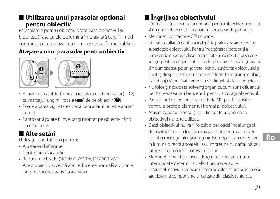 Utilizarea unui parasolar opţional pentru obiectiv, Ataşarea unui parasolar pentru obiectiv, Alte setări | Îngrijirea obiectivului | Nikon 1NIKKOR VR 10-30mm f-3.5-5.6 User Manual | Page 71 / 108