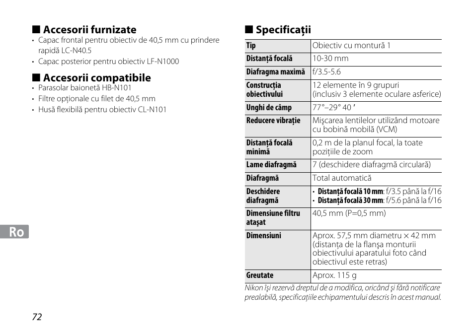 Accesorii furnizate, Accesorii compatibile, Specificaţii | Nikon 1NIKKOR VR 10-30mm f-3.5-5.6 User Manual | Page 72 / 108