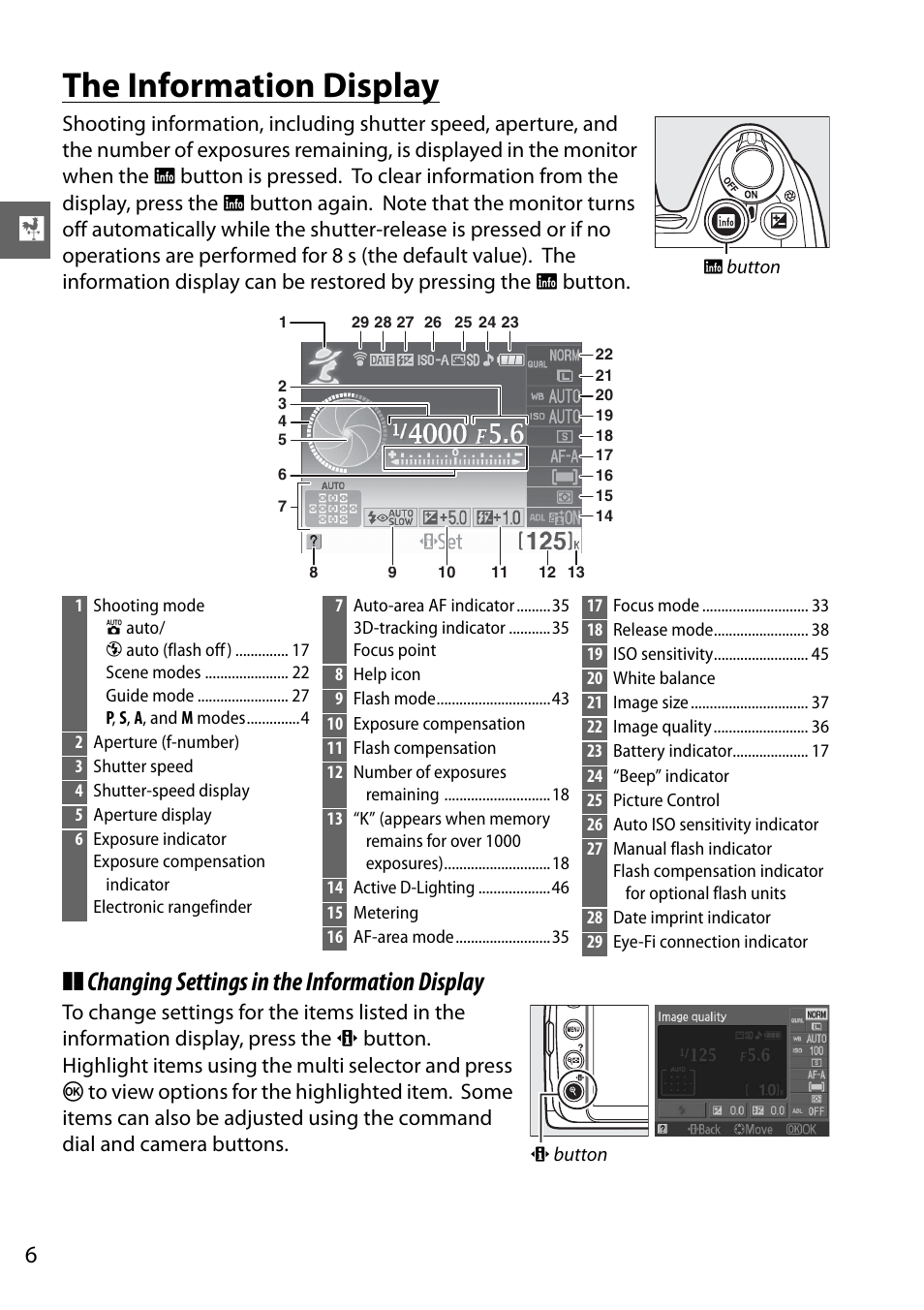 The information display, Changing settings in the information display | Nikon D3000 User Manual | Page 12 / 68