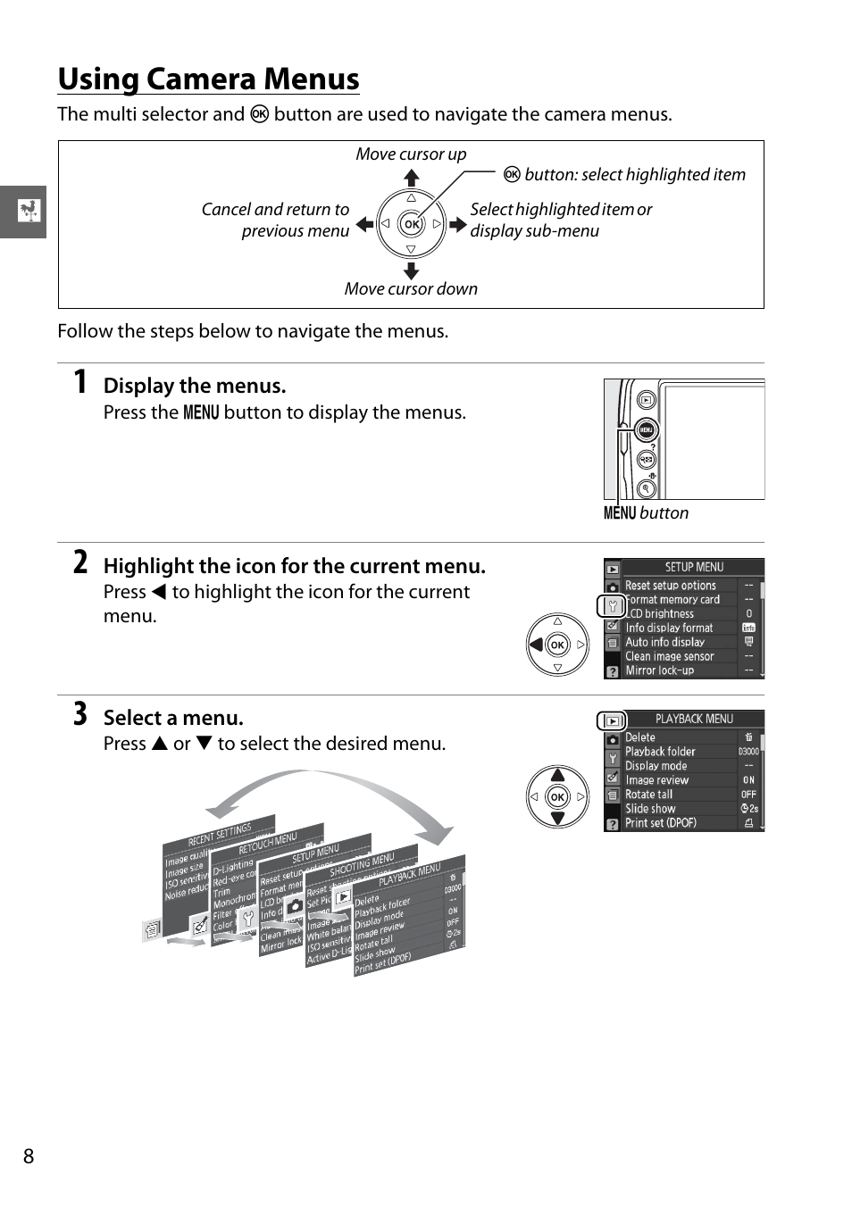 Using camera menus | Nikon D3000 User Manual | Page 14 / 68