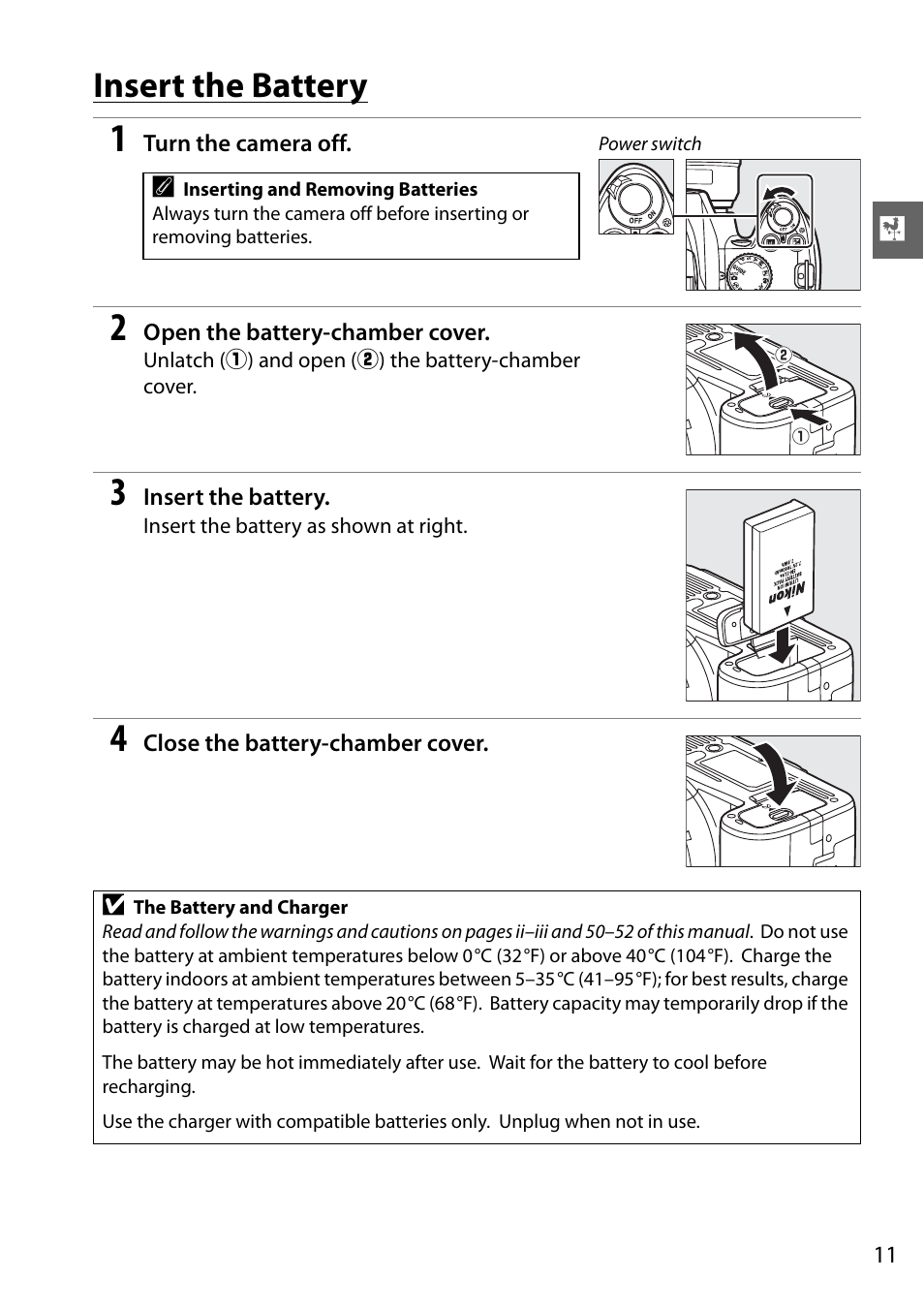 Insert the battery | Nikon D3000 User Manual | Page 17 / 68