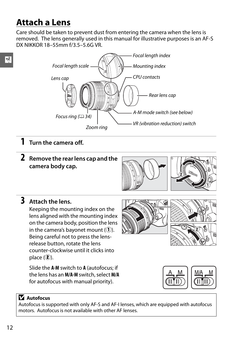 Attach a lens | Nikon D3000 User Manual | Page 18 / 68