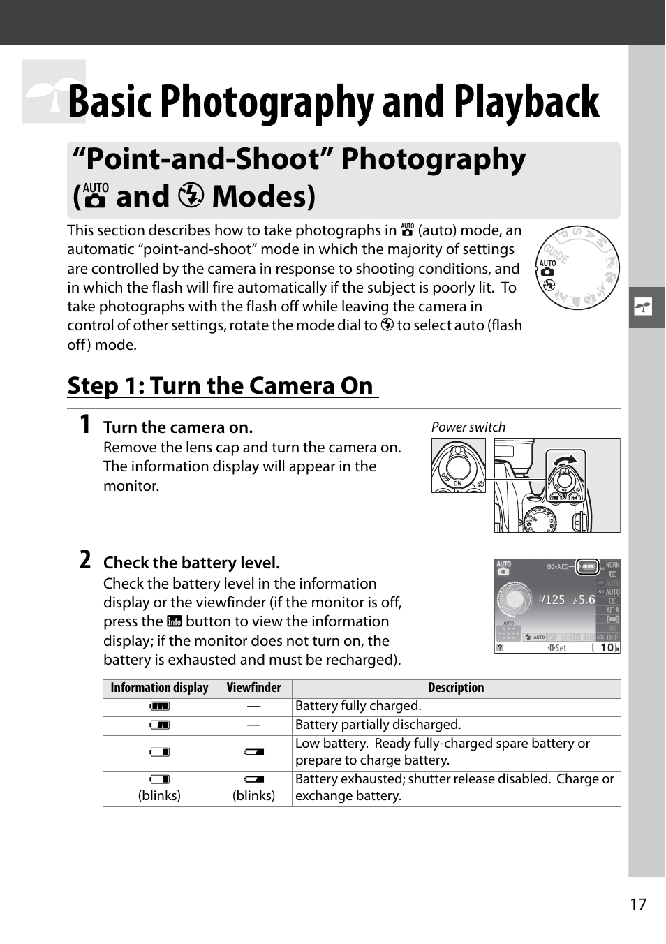 Basic photography and playback, Point-and-shoot” photography ( i and j modes), Step 1: turn the camera on | Nikon D3000 User Manual | Page 23 / 68