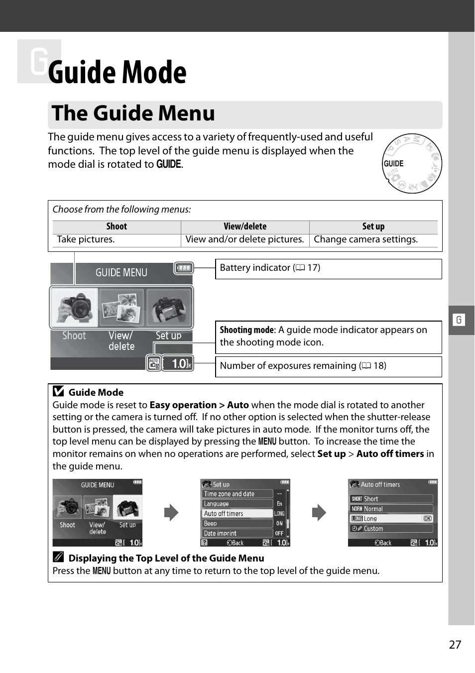 Guide mode, The guide menu | Nikon D3000 User Manual | Page 33 / 68