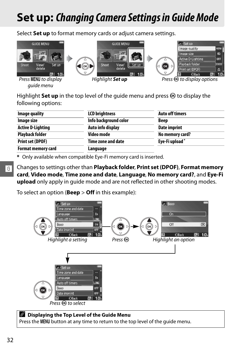 Set up: changing camera settings in guide mode | Nikon D3000 User Manual | Page 38 / 68