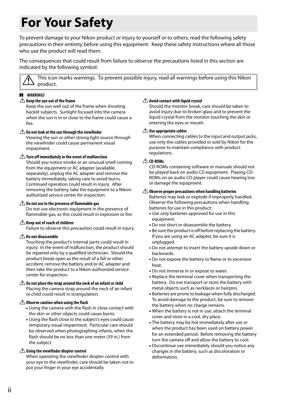 For your safety | Nikon D3000 User Manual | Page 4 / 68
