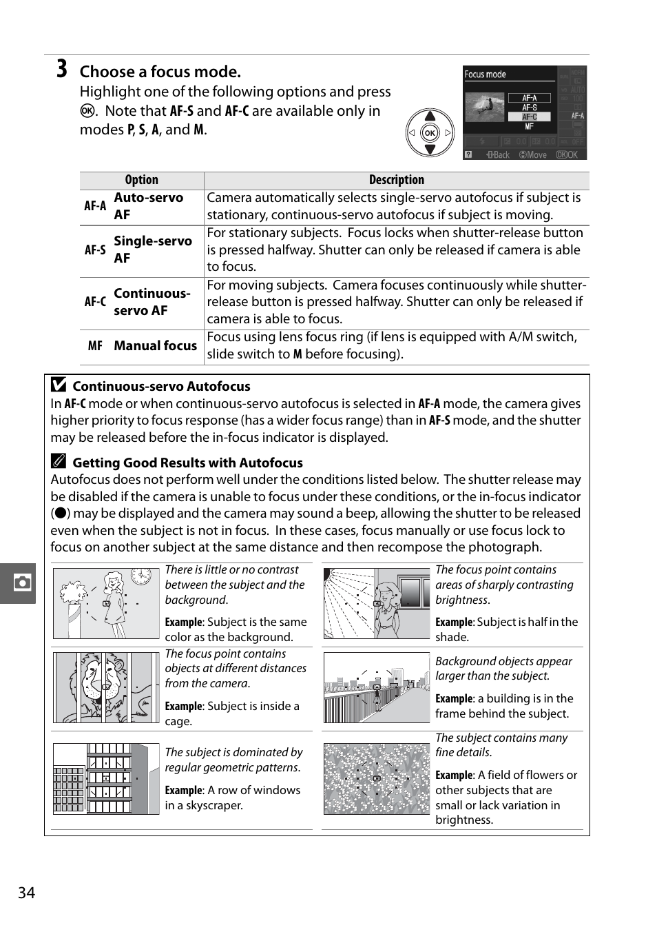 Choose a focus mode | Nikon D3000 User Manual | Page 40 / 68