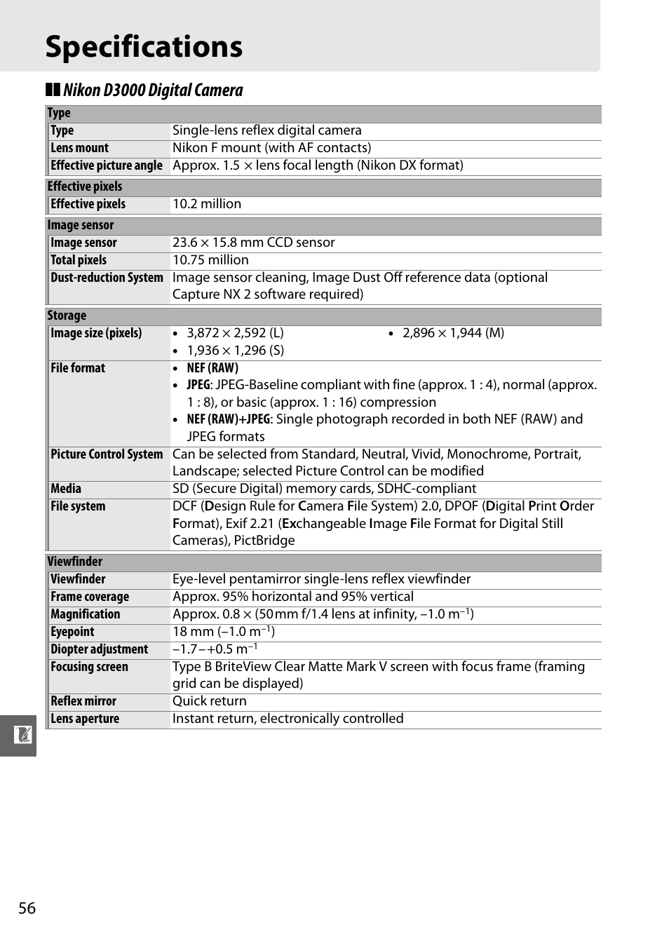 Specifications, Nikon d3000 digital camera | Nikon D3000 User Manual | Page 62 / 68