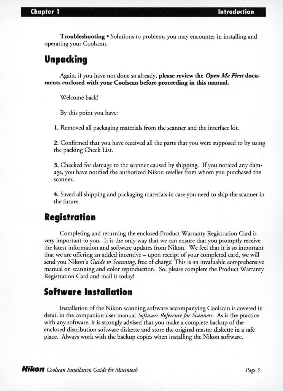 Unpacking, Registration, Software installation | Nikon LS-10 Installation Guide for Macintosh User Manual | Page 10 / 68