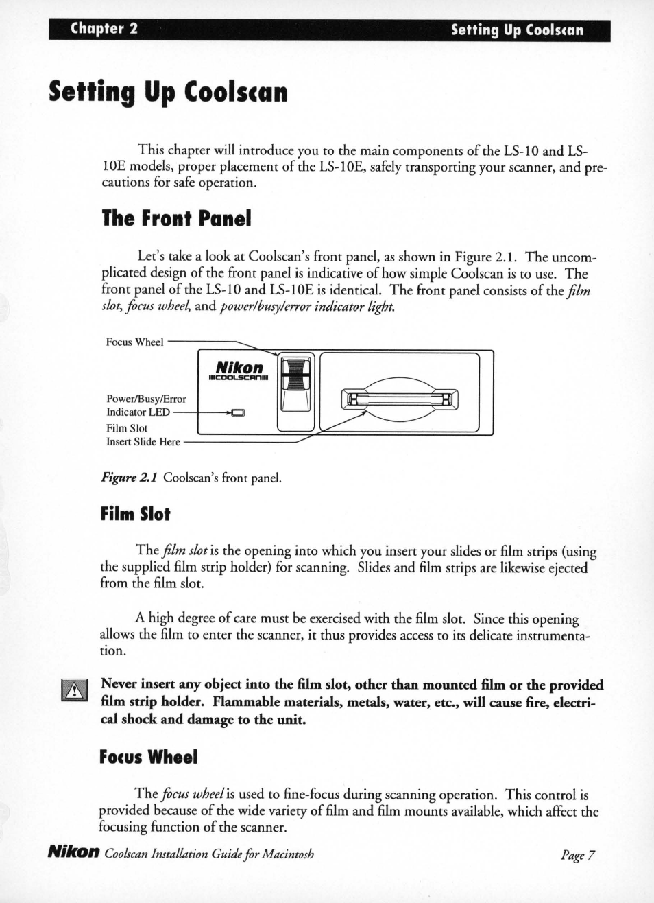 The front panel, Film slot, Focus wheel | Setting up coolscan | Nikon LS-10 Installation Guide for Macintosh User Manual | Page 14 / 68