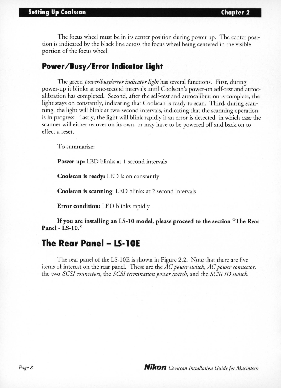 Power/busy/error indicator light, The rear panel - ls-10e, The rear panel - ls-loe | Nikon LS-10 Installation Guide for Macintosh User Manual | Page 15 / 68