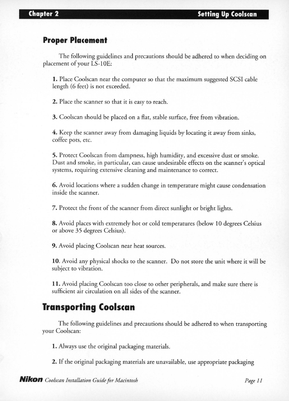 Proper placement, Transporting coolscan | Nikon LS-10 Installation Guide for Macintosh User Manual | Page 18 / 68