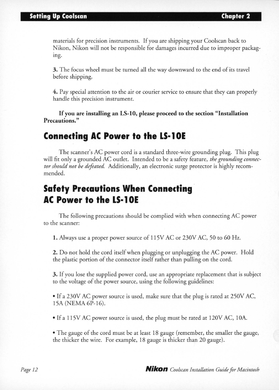 Connecting ac power to the ls-10e, Connecting ac power to the ls-loe | Nikon LS-10 Installation Guide for Macintosh User Manual | Page 19 / 68