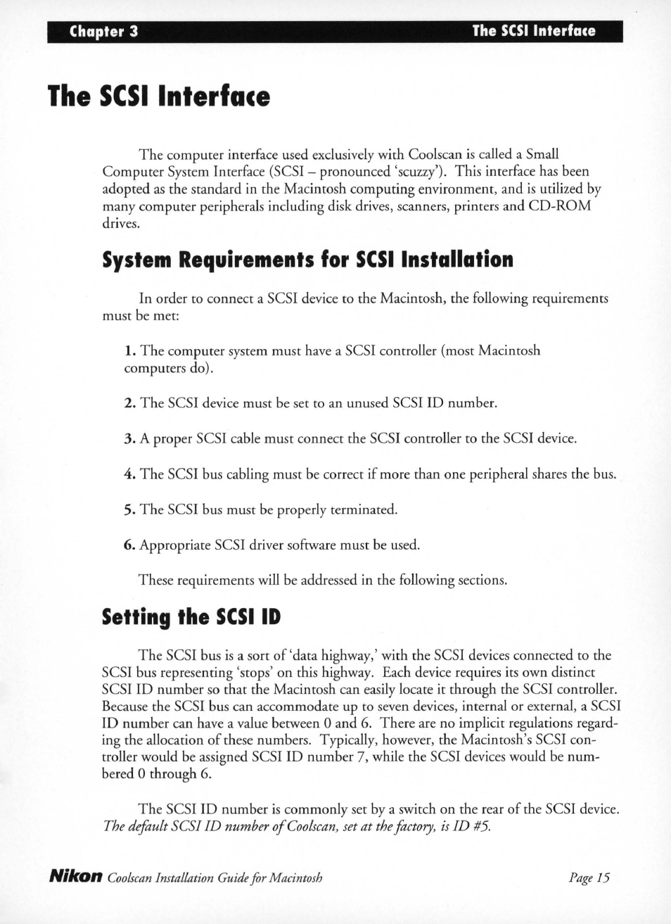 System requirements for scsi installation, Setting the scsi id, The scsi interface | Nikon LS-10 Installation Guide for Macintosh User Manual | Page 22 / 68