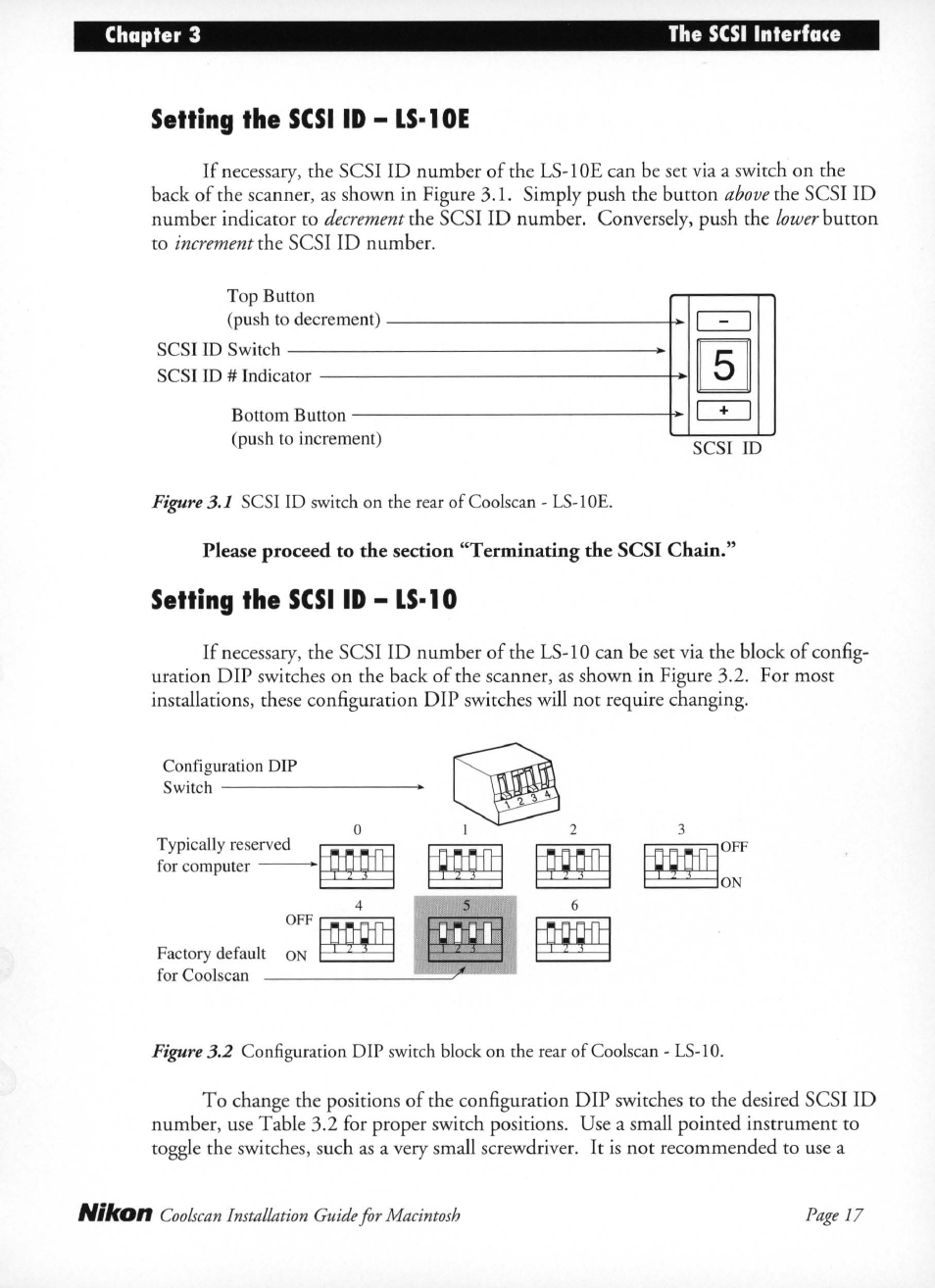 Setting the scsi id-ls-10e, Setting the scsi id-ls-10, Setting the scsi id - ls-loe | Setting the scsi id - ls-10, Scsi id number indicator to, The scsi id number. conversely, push the, Button to, Scsi id number | Nikon LS-10 Installation Guide for Macintosh User Manual | Page 24 / 68