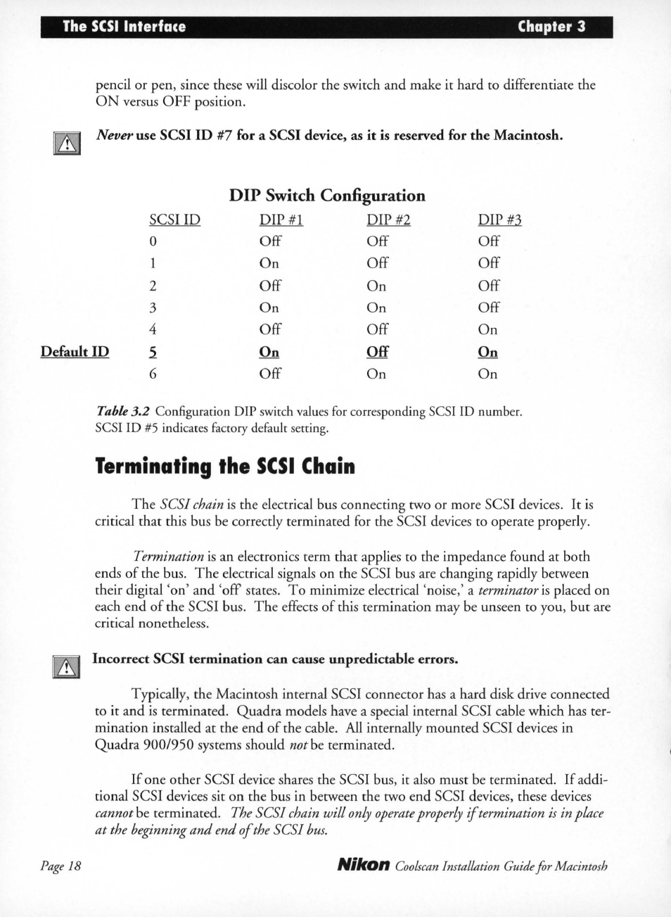 Default id, Terminating the scsi chain | Nikon LS-10 Installation Guide for Macintosh User Manual | Page 25 / 68