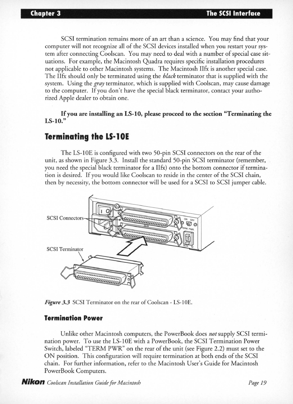Terminating the ls-10e, Termination power, Terminating the ls-loe | Nikon LS-10 Installation Guide for Macintosh User Manual | Page 26 / 68
