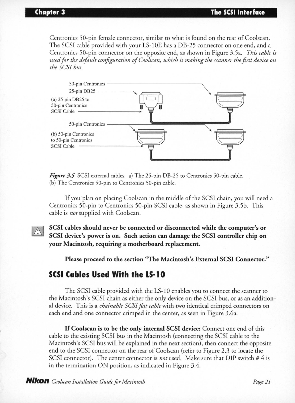 Scsi cables used with the is-10, Scsi cables used with the ls-10 | Nikon LS-10 Installation Guide for Macintosh User Manual | Page 28 / 68