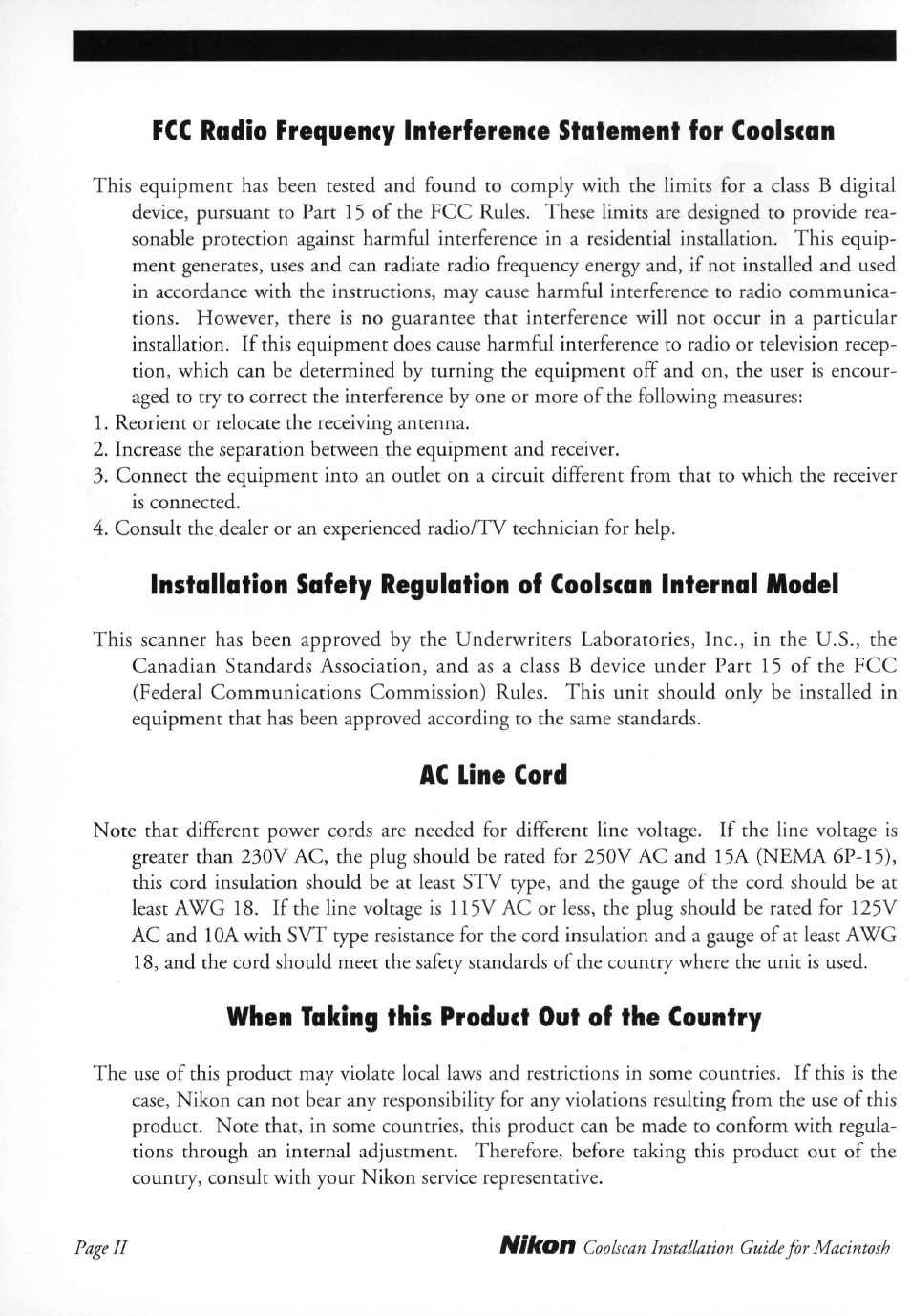 Ac line cord, When taking this product out of the country | Nikon LS-10 Installation Guide for Macintosh User Manual | Page 3 / 68
