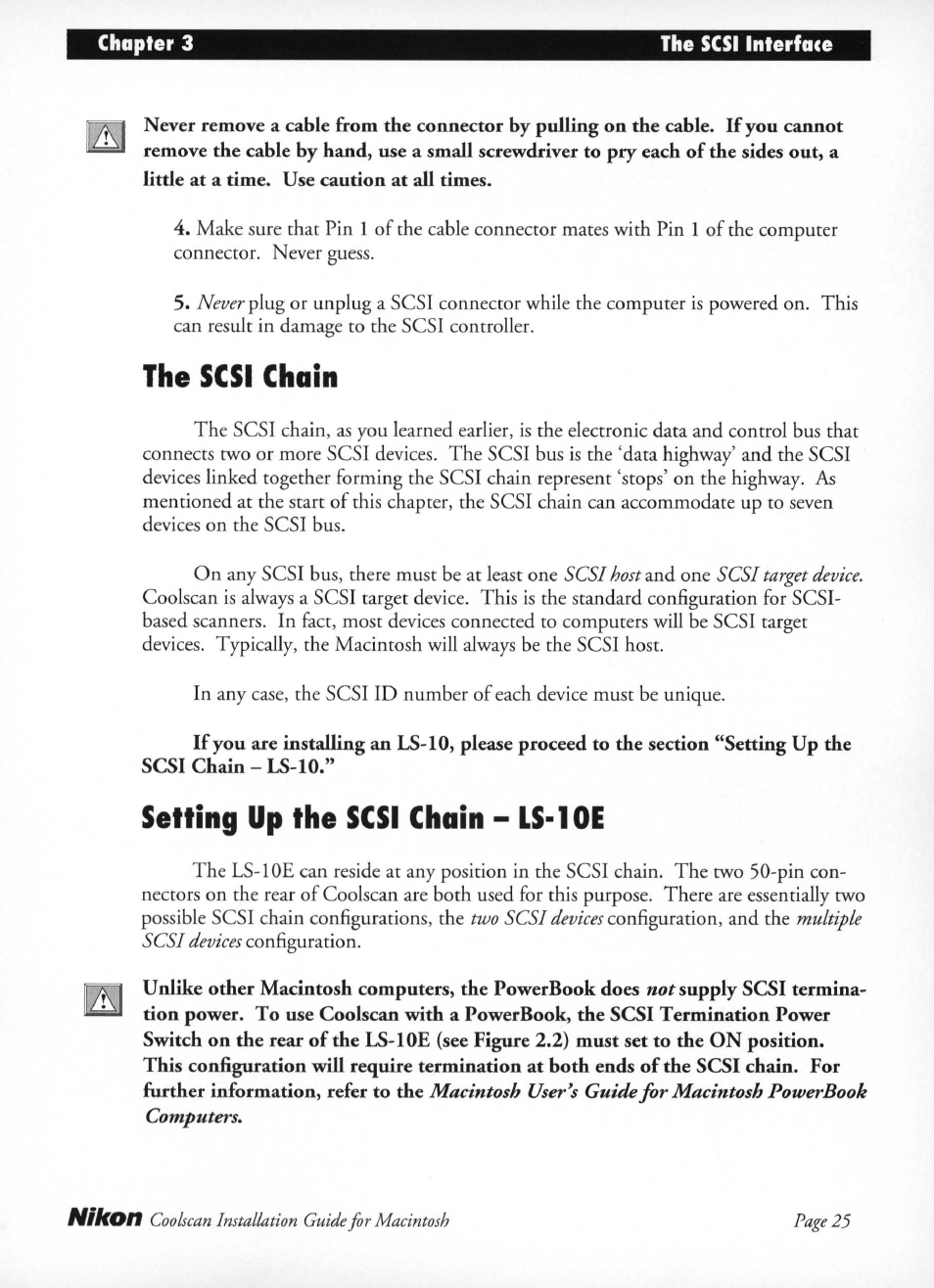 The scsi chain, Setting up the scsi chain - ls-10e, Setting up the scsi chain - ls-loe | Nikon LS-10 Installation Guide for Macintosh User Manual | Page 32 / 68